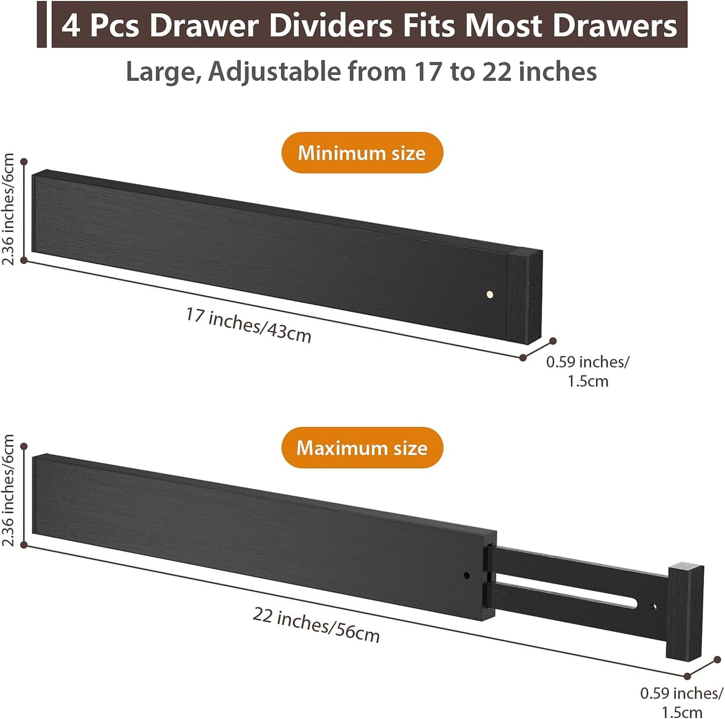 DUCOO 4 PCS Drawer Divider, 17"-22" Adjustable Bamboo Drawer Dividers Organizers, Expandable Separators for Kitchen, Clothes, Dressers, Home, Office