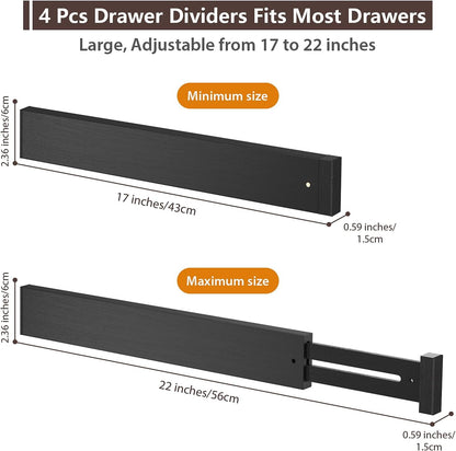 DUCOO 4 PCS Drawer Divider, 17"-22" Adjustable Bamboo Drawer Dividers Organizers, Expandable Separators for Kitchen, Clothes, Dressers, Home, Office