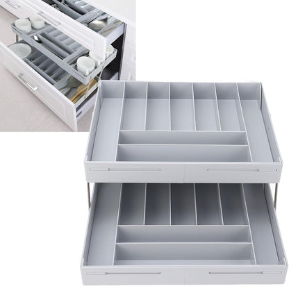 Extra Large and High Drawer Organizer, 2 Tier Smart Expandable Desk Organizer, Multi Level Junk Drawer Organizer for Makeup, Jewelry, Desk, Office Drawers (Gray)