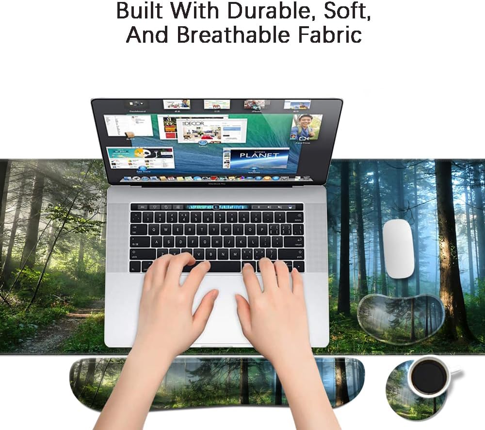 MIBITRI Keyboard Mouse Pad Set, Extended Gaming Mouse Pad+Ergonomics Keyboard Wrist Rest Support, Memory Foam, Easy Typing Pain Relief, 4Pcs XXL Ultra Thick Desk Mat, Enchanted Bookshelf