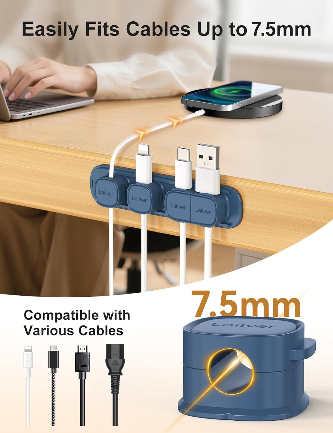 6 Pack Magnetic Cable Clips [1s Open/Lock], Laitver Cord Organizer Holder Strong Adhesive Desk Cable Management- Organize Charging Cords Neatly for Home, Office, Car,Desk, Nightstand