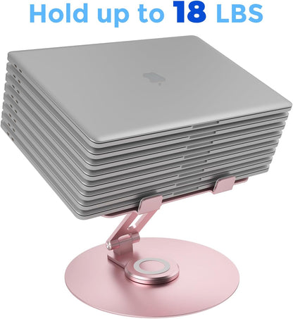Swivel Laptop Stand for Desk, Adjustable Height Aluminum Computer Stand with 360 Rotating Base, Foldable Ergonomic Riser, Portable Laptop Holder Compatible with MacBook, All Laptops 10-17'', Grey