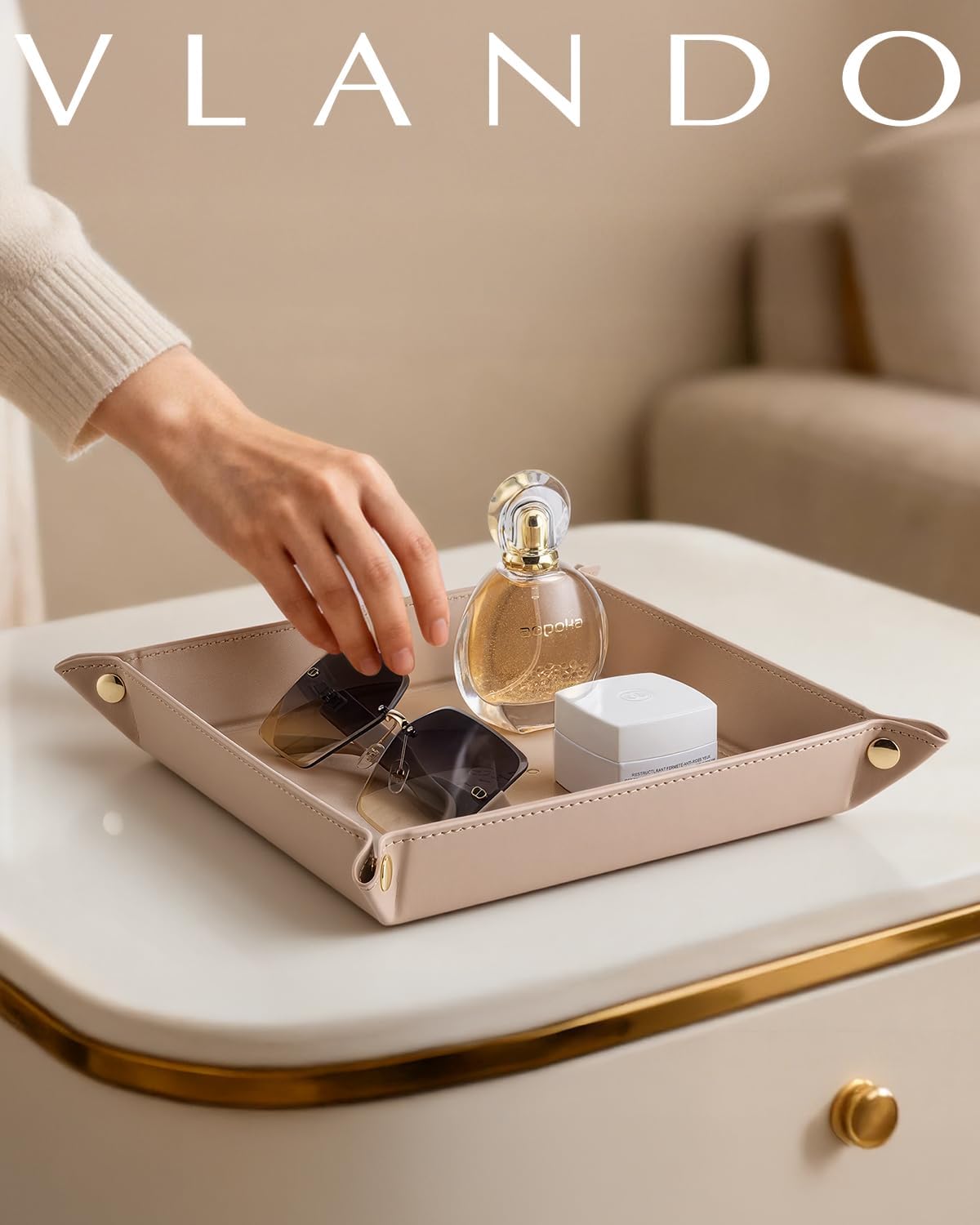 VLANDO Valet Tray for Men Women, Nightstand Organizer Vanity Catchall Holder for Dresser Desk Storage Bedside, Travel PU Leather Jewelry Key Bowl Coin Watches and Candy Entryway Tray - Large, Brown