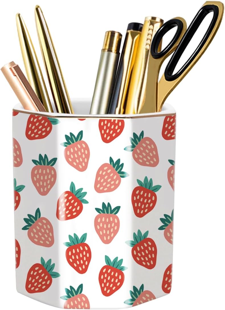 WAVEYU Ceramic Pen Holder for Desk Cute, Pencil Cup Pot Desk Organizer, Makeup Brush Holder for Women, Men, Kids, Desk Marble Decor for Office, Classroom, Home, Gray Golden