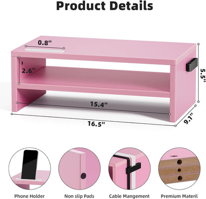 Marbrasse Monitor Stand Riser, 2 Pack 16.5 Inch 2 Tier Computer Monitor Stand, Printer Shelf Stand for Laptop Computer Screen Storagek,Desktop Stand with Phone Holder and Cable Management
