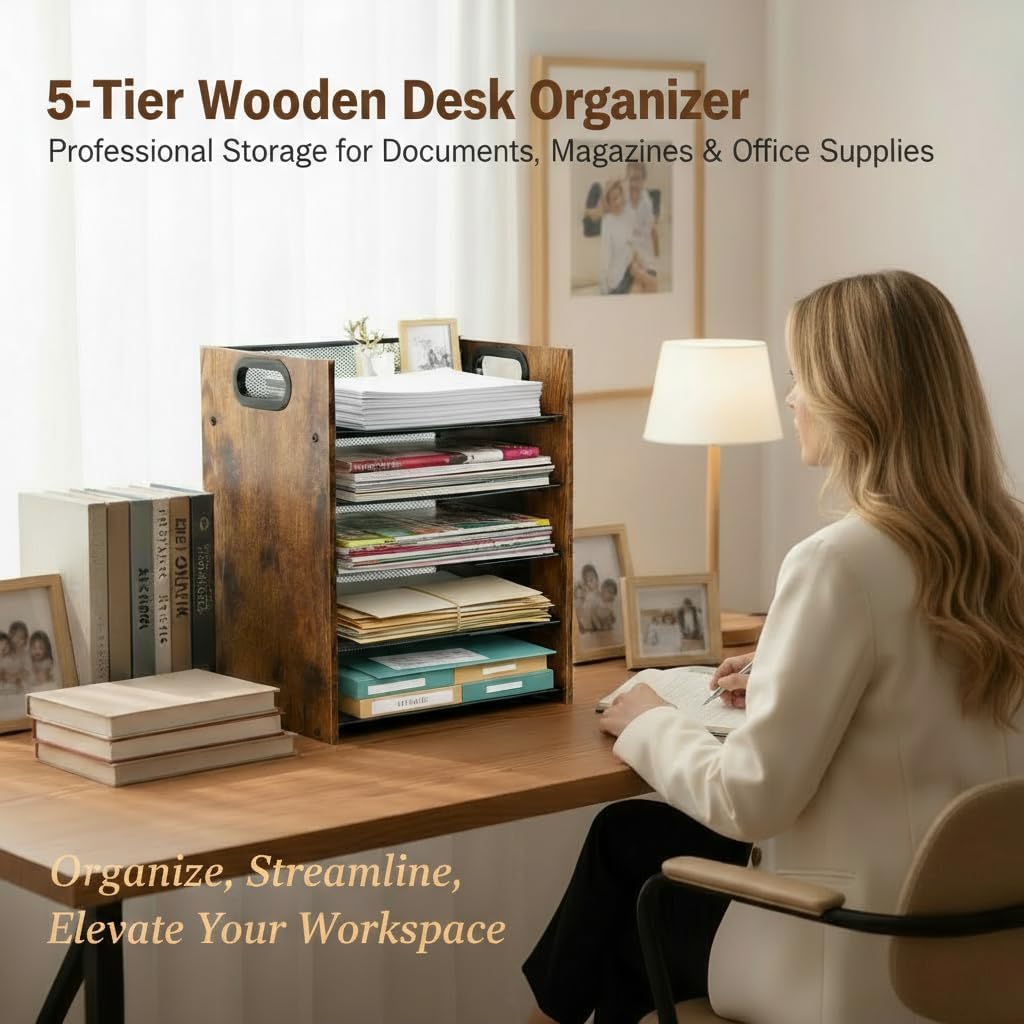 Wood Desk Organizer - 3-Tier Desktop File Organizer with Drawer, Wooden Paper Tray, Office Desk Organzier and Accessories for Papers, Mail, Notebooks, Stationery