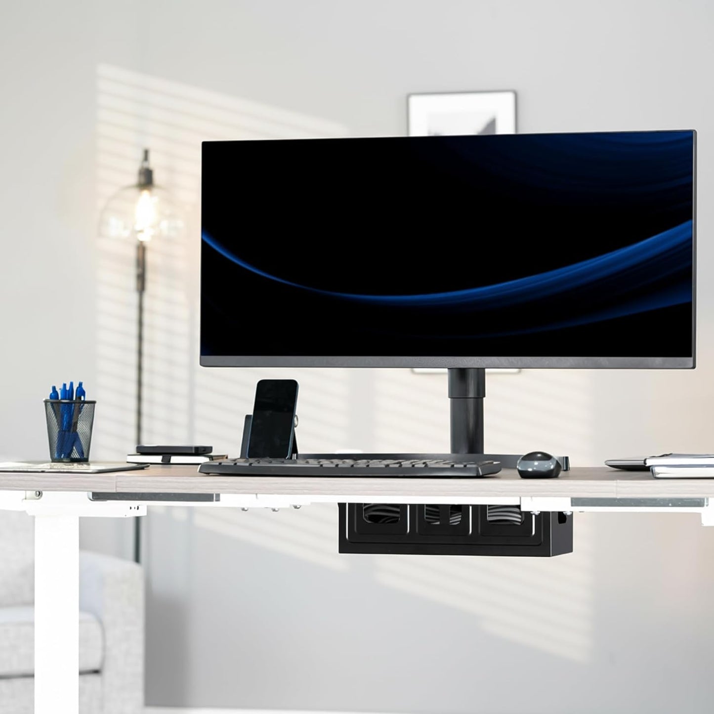 VIVO Flip-Open 16 inch Under Desk Cable Management Holder, Under Standing Desk Steel Cord and Power Strip Organizer, Black, Desk-ACCBM1