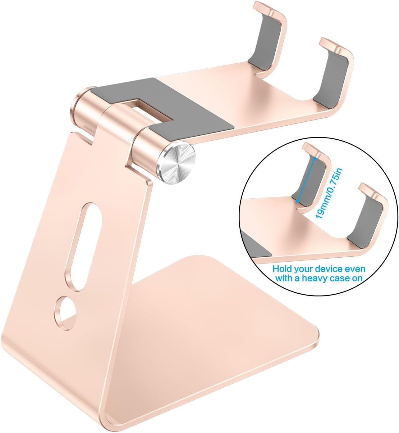 Adjustable Cell Phone Stand, OMOTON Aluminum Desktop Cellphone Stand with Anti-Slip Base and Convenient Charging Port, Fits All Smart Phones, Silver