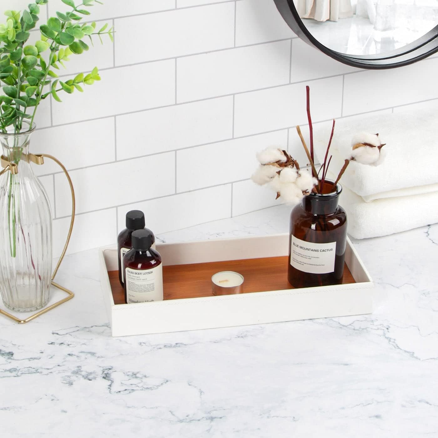 JACKCUBE Design Leather Valet Tray, Catchall Storage Women Vanity Nightstand Tray for Keys, Phones, Jewelry, Makeup, Perfume, Watches (Ivory) - MK1092B