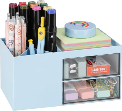 LETURE Office Desk Organizer with drawer, Office Supplies and Desk Accessories, Business Card/Pen/Pencil/Mobile Phone/Stationery Holder Storage Box (White)