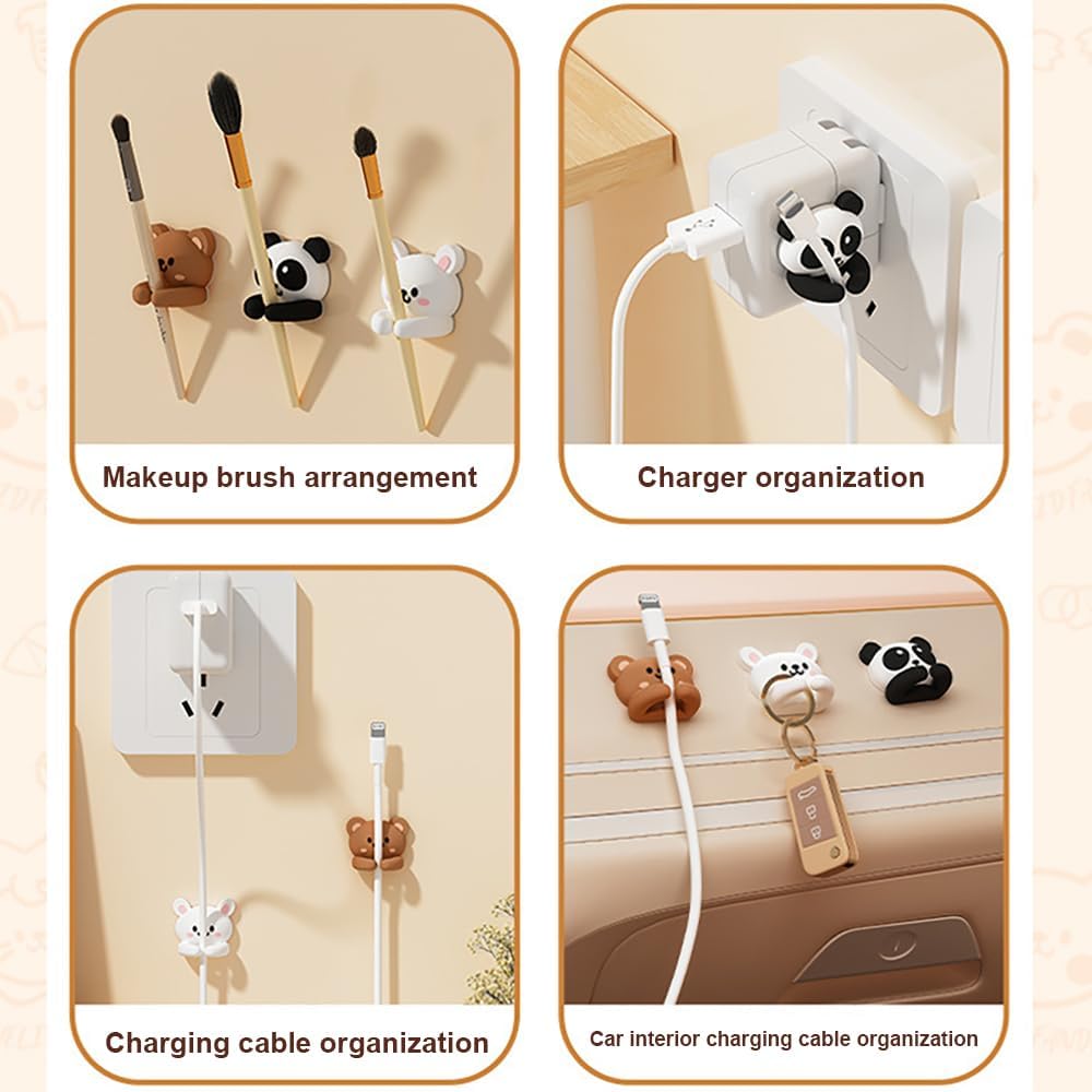 6pcs Cute Animal Cable Organizer Adorable Panda Rabbit Bear Shaped Cable Clips Desk Cable Management Cord Holder for Nightstand Headphones Chargers USB Cables