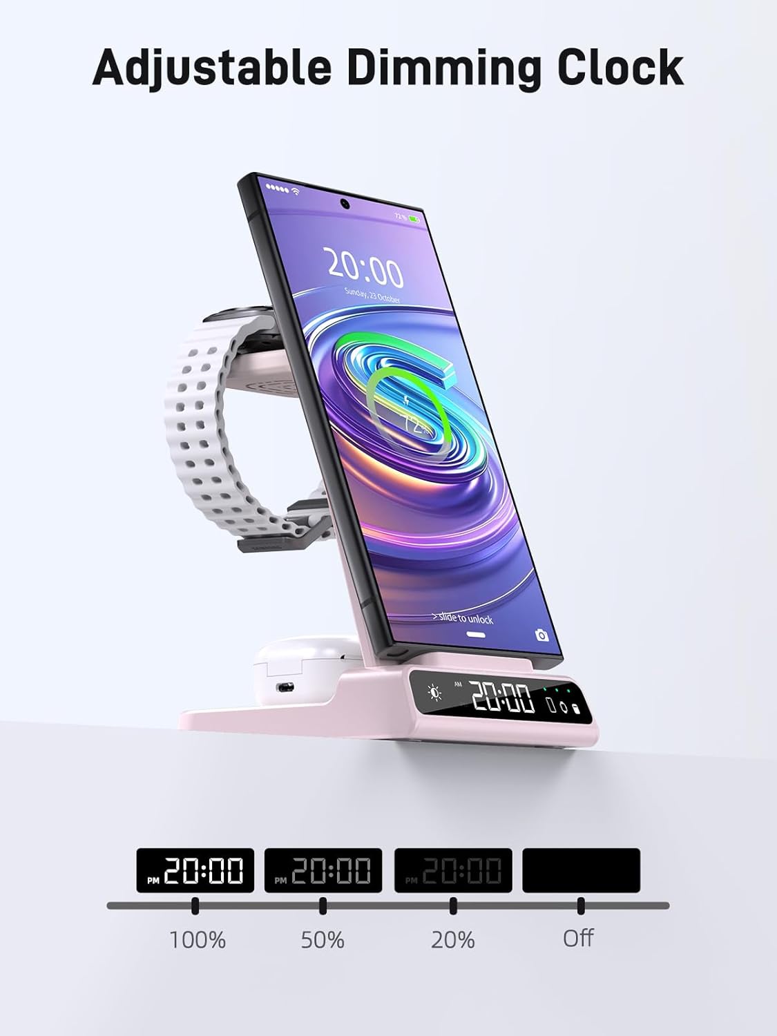 Wireless Charger for Samsung Charging Station: 3 in 1 Android Charging Stand with Dimmable Clock - Nightstand Organizer for Galaxy S25 Ultra, Galaxy Watch 8 7 6 5 4, Galaxy Buds, Space-Saving Charger