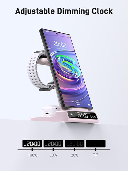Wireless Charger for Samsung Charging Station: 3 in 1 Android Charging Stand with Dimmable Clock - Nightstand Organizer for Galaxy S25 Ultra, Galaxy Watch 8 7 6 5 4, Galaxy Buds, Space-Saving Charger