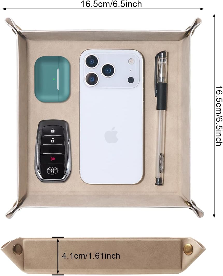 Valet Tray Desktop Storage Organizer – Premium PU Leather Catchall Bedside Vanity Tray Nightstand Caddy Holder for Remote Controller, Keys, Phone, Wallet, Coin, Jewelry,Brown