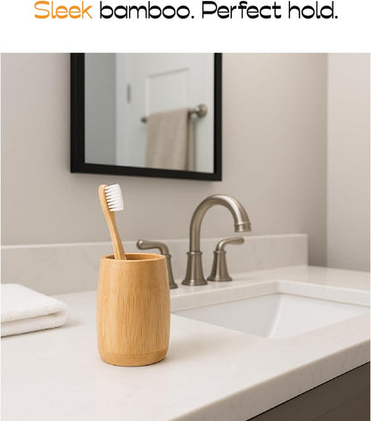 Natural Bamboo Toothbrush Holder 2 Pack, Simple Minimal Cylindrical Tumbler for Bathroom Countertop, Unbreakable Makeup Brush or Pen Organizer, Desktop Accessory