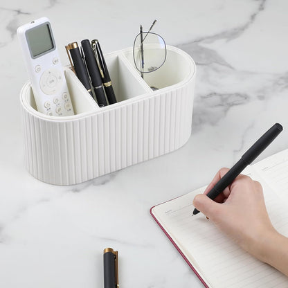 Oval Pen Holder for Desk, Remote Control Holder with 3 Compartments, PU Leather Small Desk Organizer Remote Caddy, Aesthetic Pencil Holder Desk Accessories for Home Office (Ivory)