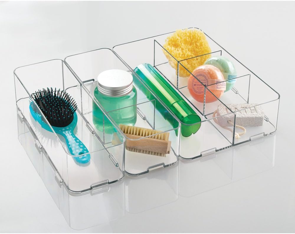 iDesign Clarity Bathroom Interlocking Drawer Organizer for Cosmetics, Beauty Products, Hair Accessories - Extra Large, Clear 12-inch x 4-inch x 3-inch