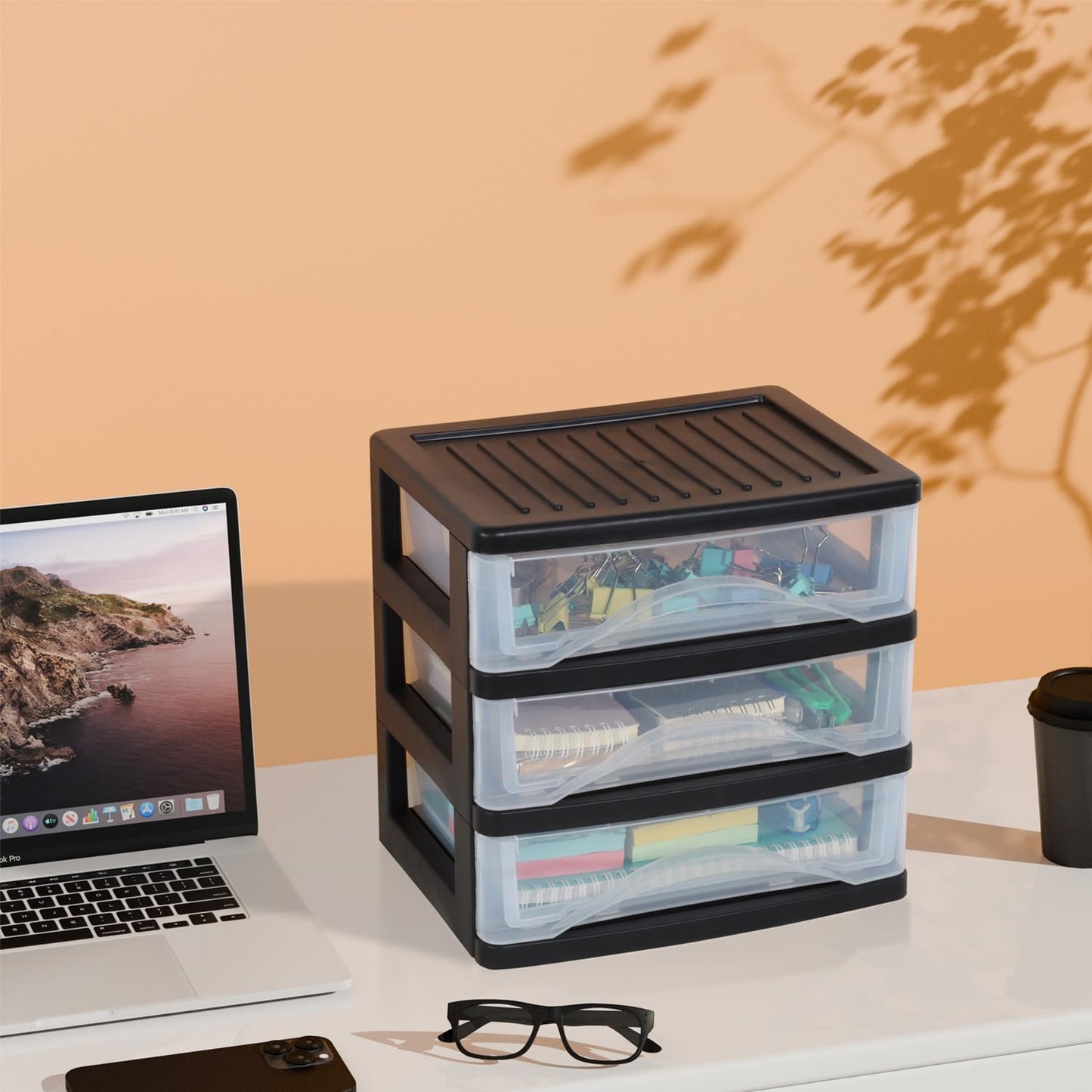 BYCY Medium 3 Drawer Plastic Clear Stacking Desktop Organizer for Office Supplies, Stackable Storage Drawers Storage Bins For Kitchen Cabinets, Pantry, Home Organization (Black, Medium 3Drawer)