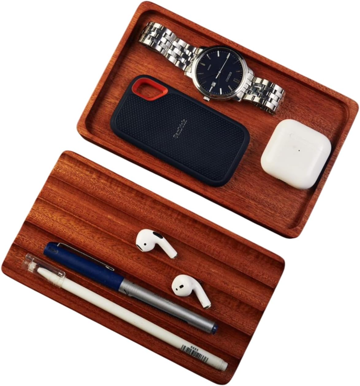 Set of 2 Wooden Trays – Pen Tray, Valet Tray, Desk Organizer, Fountain Pen Holder, EDC Tray for Phone, Jewelry, Cologne & Keys.