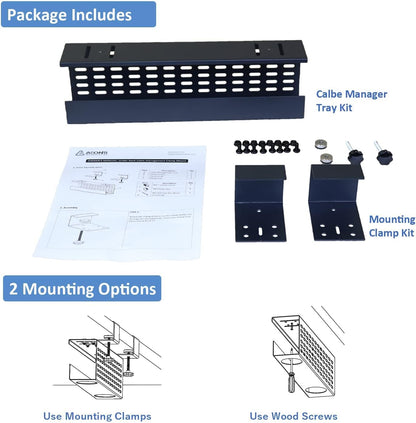 AEONS Under Desk Cable Management Tray Kit - Horizontal Adjustable up to 41” Removable C Clamp Mount Reversible Computer Cord Raceway and Modesty Panel for Large Table, Black