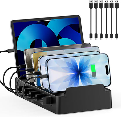 Charging Station for Multiple Devices, 6 Port USB Desktop Charger Dock Compatible with iPad, Samsung, Android, Tablet, Family Multi Phone Charging Organizer with Divider Holders, Fireproof ABS (White)