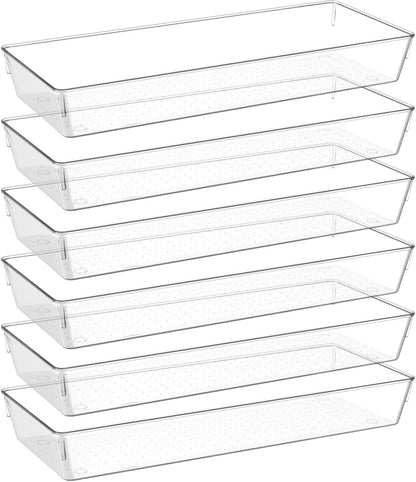 6 Pcs Large Clear Drawer Organizer Set, 15" X 6" Plastic Versatile Desk Drawer Organizer Trays with Non-Slip Silicone Pads, Storage Bins for Makeup, Bathroom, Kitchen Utensils, Office, Tools