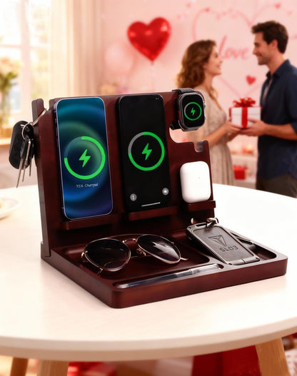 Nightstand Organizer with 4 Wireless Charger for 2 iPhone/Android Phone,Apple Watch,Airpod,Wood Phone Docking Station,27W Fast Wireless Charging Station,Wallet/Key Holder,Gifts for Dad/Men