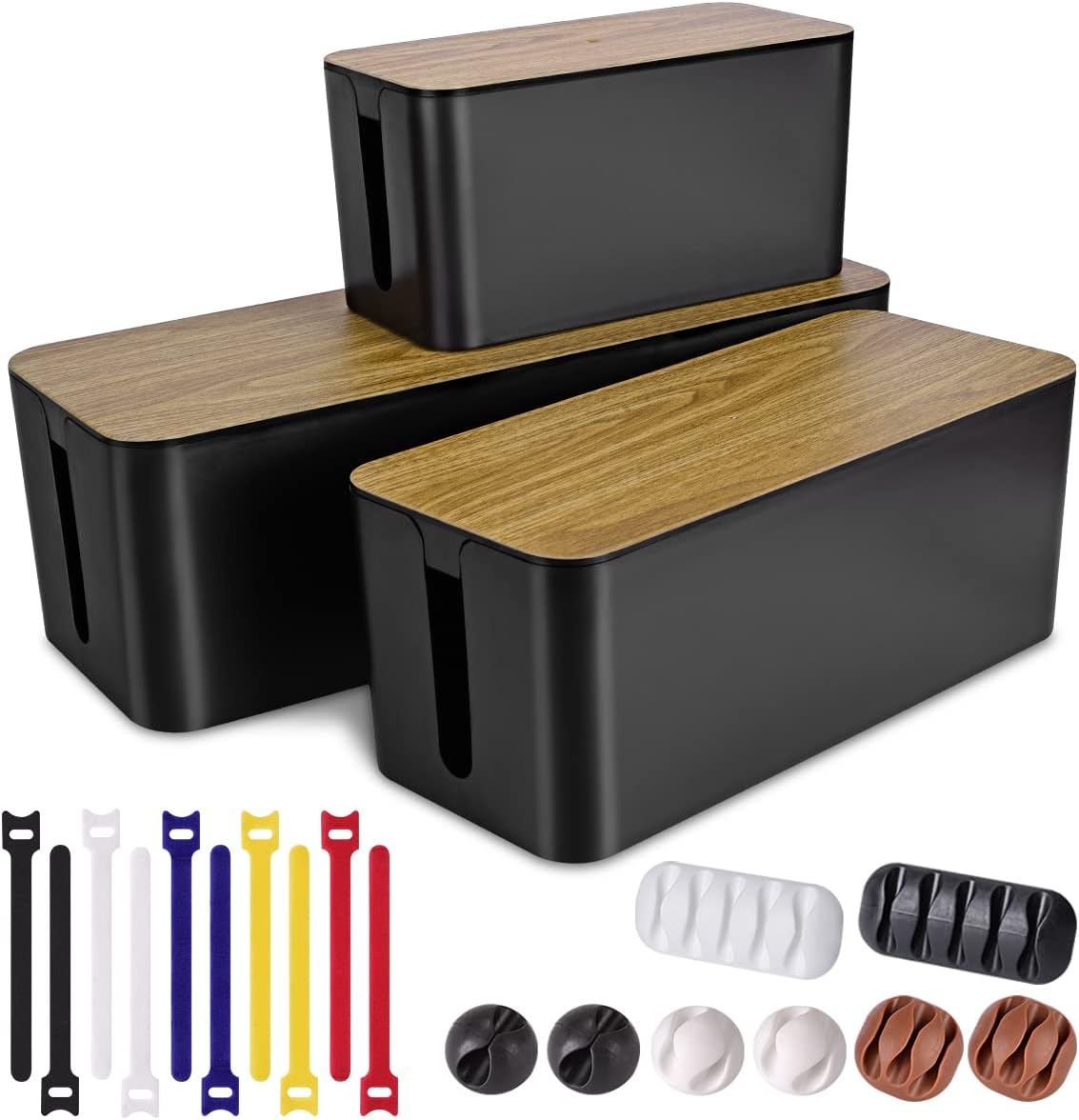 3 Pack Cable Management Box with 18 PCS Cable Management Set - Large & Medium & Small Cable Organizer Box to Hide Wires & Power Strips | TV Cord Organizer Box | for Home & Office, White