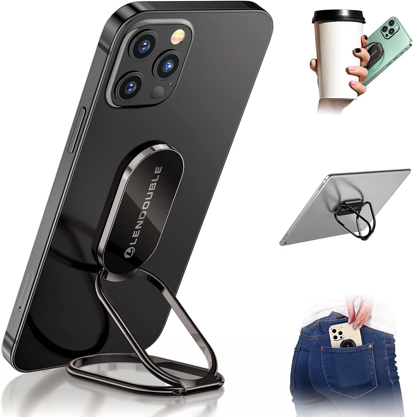 Foldable Cell Phone Stand for Desk, Adjustable Cellphone Ring Holder Finger Kickstand for Office Desktop & Magnetic Car Mount, Rotatable Multi-Angle Hand Grip for iPhone 16 15 Smartphones Back Case