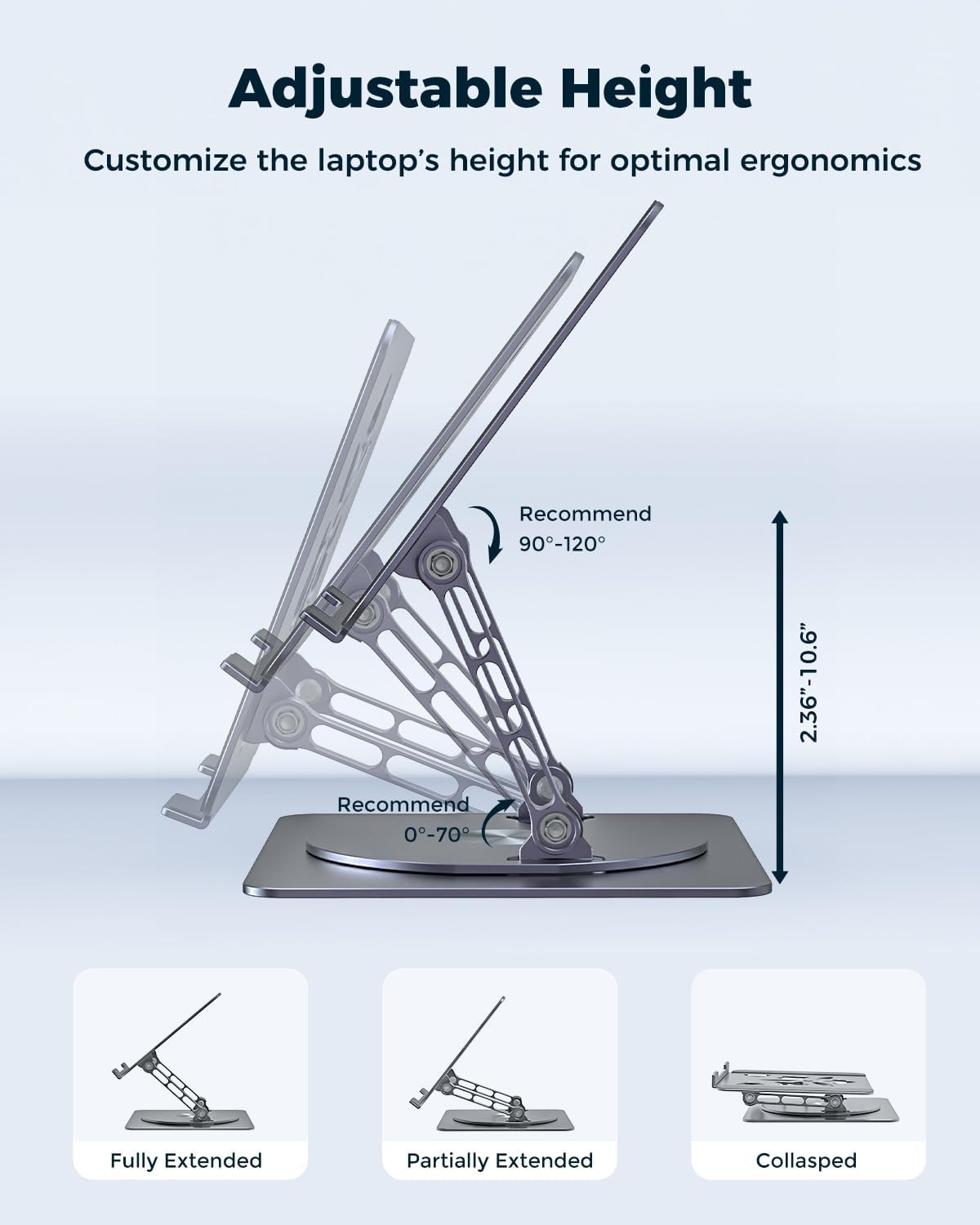 Aoviho 360° Rotating Laptop Stand for Desk | Adjustable, Foldable, Portable Aluminum Ergonomic Riser | Compatible with MacBook, Dell, HP & All Laptops 10-16 inch | Gray
