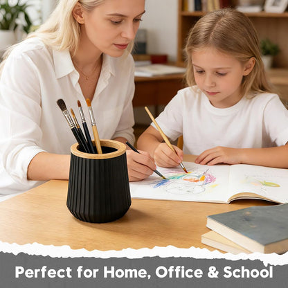 YAUKPH Pen Cup Pencil Holder Desk Organizer Small Plastic Desktop Storage with Striped Bamboo Wood Trim Modern Minimalist Design for Office School Pencils Pens Markers (Matte Black)