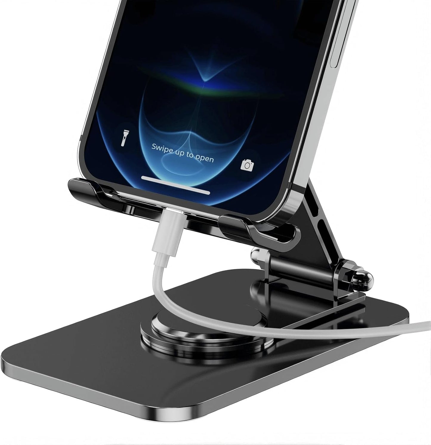 4 Joints 360° Rotating Cell Phone Stand for Desk, Adjustable Folding Phone Stand, Aluminum Alloy Arms & Steel Base, Non-Slip Silicone Pads, Scratch-Free for iPhone & Android, Black