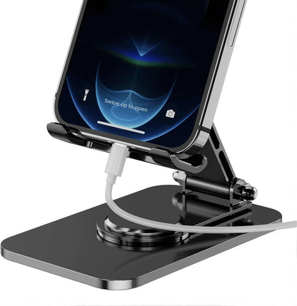 4 Joints 360° Rotating Cell Phone Stand for Desk, Adjustable Folding Phone Stand, Aluminum Alloy Arms & Steel Base, Non-Slip Silicone Pads, Scratch-Free for iPhone & Android, Black