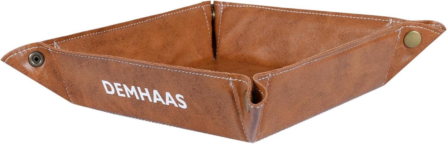 Valet Tray Organizer – Foldable Jewelry & Catchall Tray for Keys, Phone & Wallet – Double-Sided Faux Leather with Rubber Padding – Desk & Nightstand Organizer (Cognac Brown)