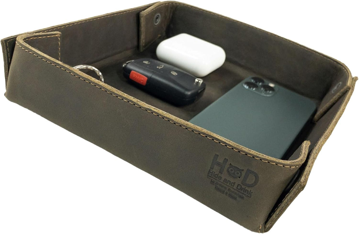 Hide & Drink, Leather Catchall Tray, Easy Access Organizer for Keys, Coins, Change, Jewelry, Watches, Smartphones, Durable, Vintage Style, Handmade :: Bourbon Brown