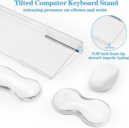 Computer Keyboard Stand with Gel Keyboard Wrist Rest, Tilted Acrylic Keyboard Holder - Ergonomic Wrist Rest Support Keyboard for Typing Pain Relief，Suitable for Office/Computer/Laptop/Gaming