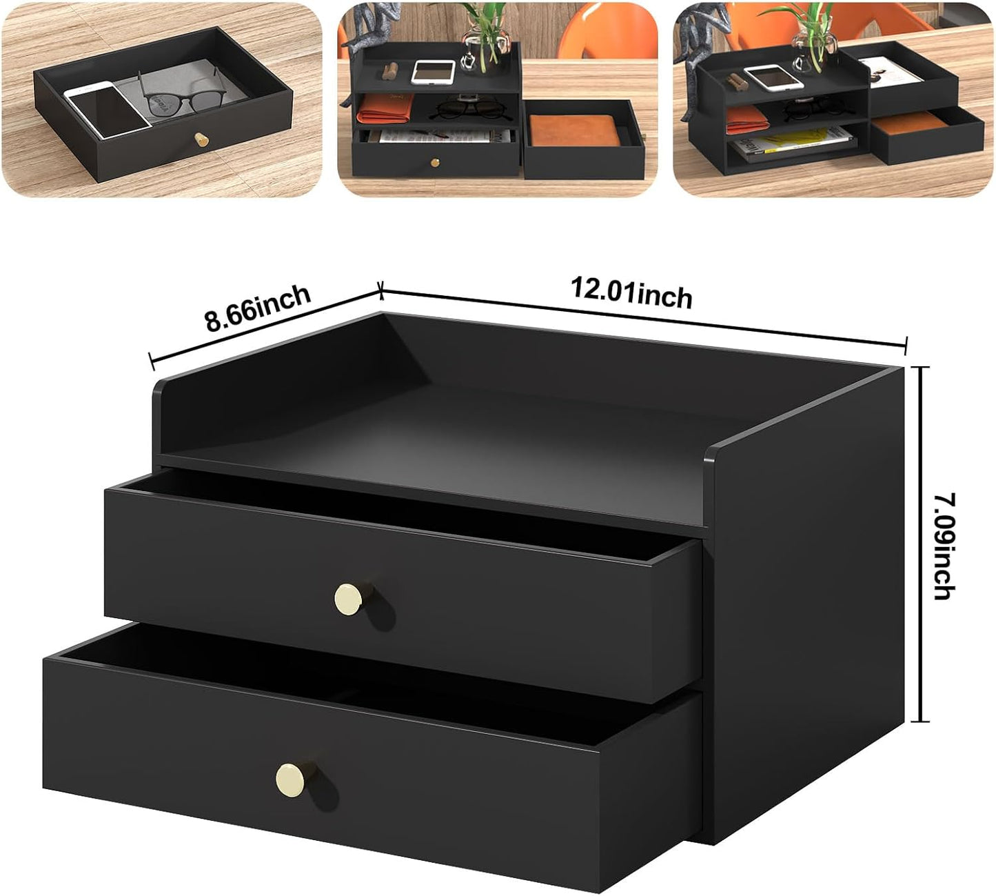 Bamboo Desk Organizer with Drawers Wooden Desktop Storage Organization Box for Bills Office Supplies Kitchen Utensils Organizing Tool for Home Classroom Vanity, No Assembly Required (3 Drawers, Black)