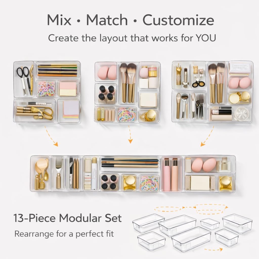Bathroom Drawer Organizer Trays 13 Piece Clear Drawer Organizer Set, Plastic Organizer Bins for Bathroom, Makeup, Kitchen & Office, Modular In-Drawer Storage System