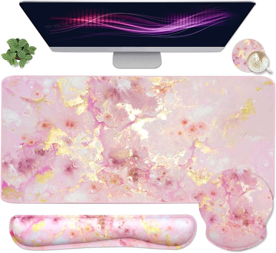 Memory Foam Ergonomic Keyboard Wrist Rest Pad and Mouse Wrist Rest Support Mouse Pad Set for Office Gaming Easy Typing-Pink Fluid