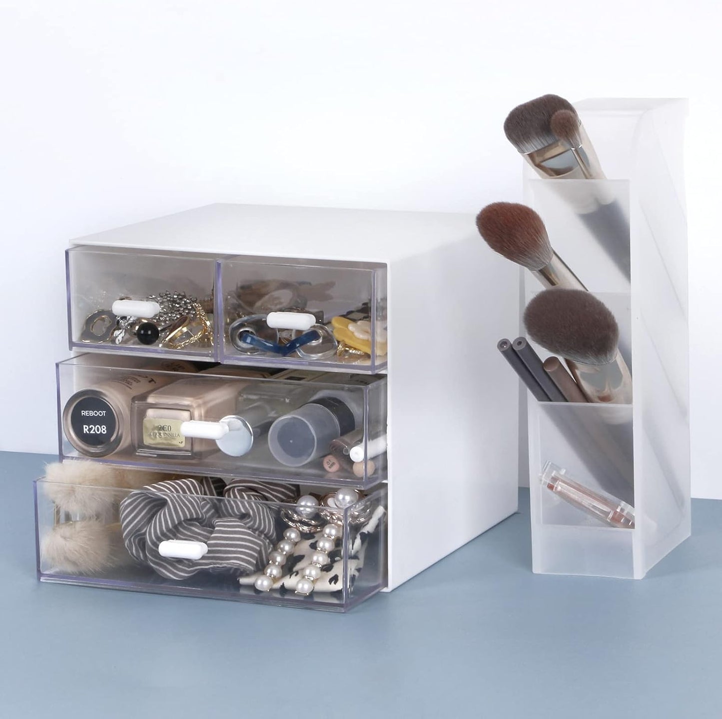 Desk Organizer with Drawer, Office Organizer with 4 Drawers, Desk Storage Box for, Desktop, Dressing table, Office, School, Home, Plastic Box and 4 Acrylic Drawers(White)