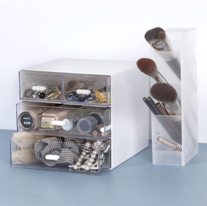 Desk Organizer with Drawer, Office Organizer with 4 Drawers, Desk Storage Box for, Desktop, Dressing table, Office, School, Home, Plastic Box and 4 Acrylic Drawers(White)