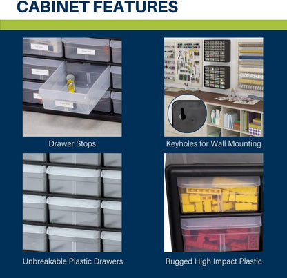 Akro-Mils 24-Drawer Plastic Drawer Storage Cabinet for Garage Organization, Bead Organizer, Building Bricks Storage, Teacher Toolbox, Makeup Organizer, 20" W x 6" D x 16" H, 10124 Black