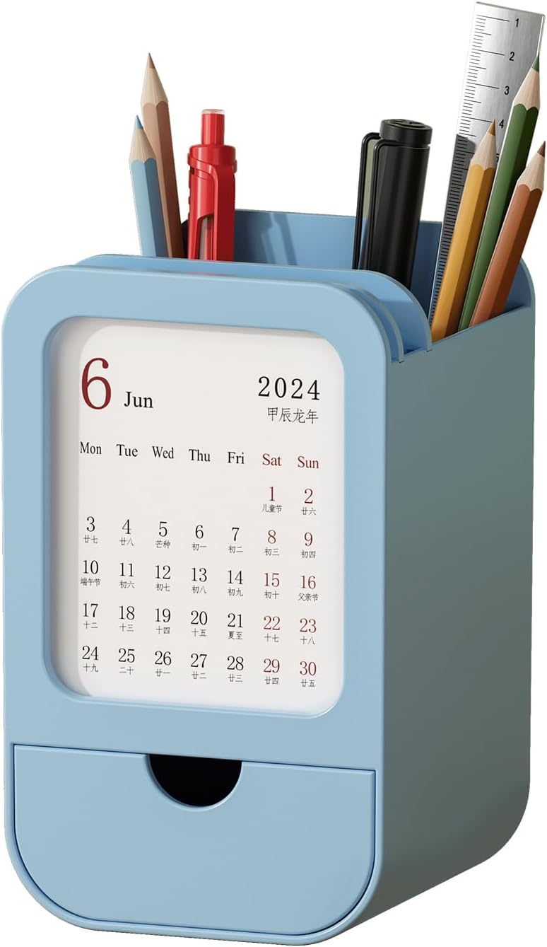 Upgraded Pen Holder with Built-in Calendar - Modern Desk Organizer for Office, School, Home, Premium Silicone Design with Chic Aesthetic, Multi-Functional Stationery & Makeup Storage - Blue