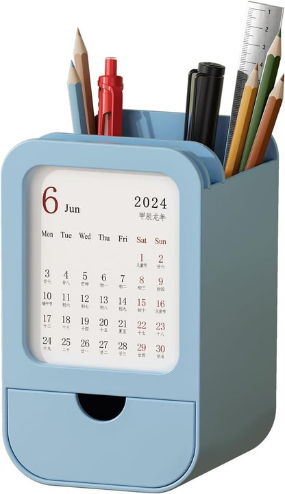Upgraded Pen Holder with Built-in Calendar - Modern Desk Organizer for Office, School, Home, Premium Silicone Design with Chic Aesthetic, Multi-Functional Stationery & Makeup Storage - Blue