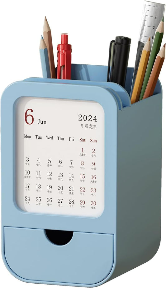 Upgraded Pen Holder with Built-in Calendar - Modern Desk Organizer for Office, School, Home, Premium Silicone Design with Chic Aesthetic, Multi-Functional Stationery & Makeup Storage - Blue