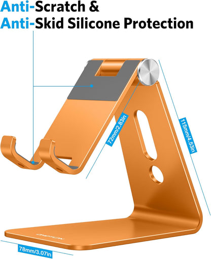 Adjustable Cell Phone Stand, OMOTON Aluminum Desktop Cellphone Stand with Anti-Slip Base and Convenient Charging Port, Fits All Smart Phones, Silver