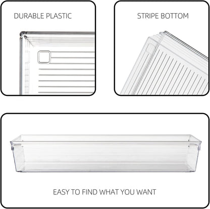 4 Pack 12"x 6" Large Size Clear Plastic Desk Drawer Organizer Tray Bathroom Office Kitchen Utensils Silverware Gadgets Dividers Desk Drawer Storage Bins Container for Dresser Cosmetic Makeup