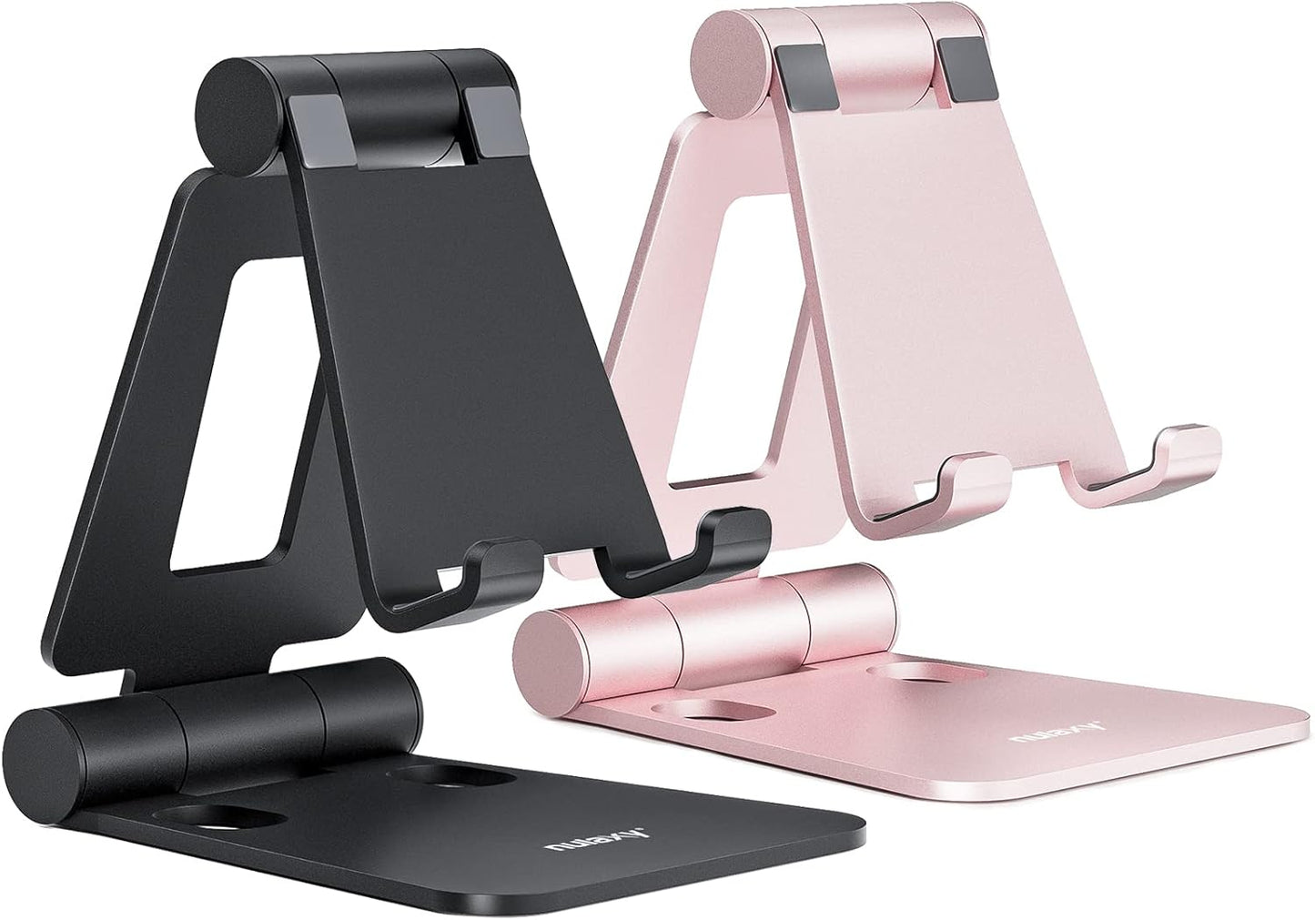 Nulaxy 2 Pack Fully Aluminum Dual Folding Cell Phone Stand, Adjustable Foldable Desktop Phone Holder for Desk Compatible with iPhone 17 16 15 14 13 12 11 Pro Max Xs Xr X 8, All Phones, Black & Silver
