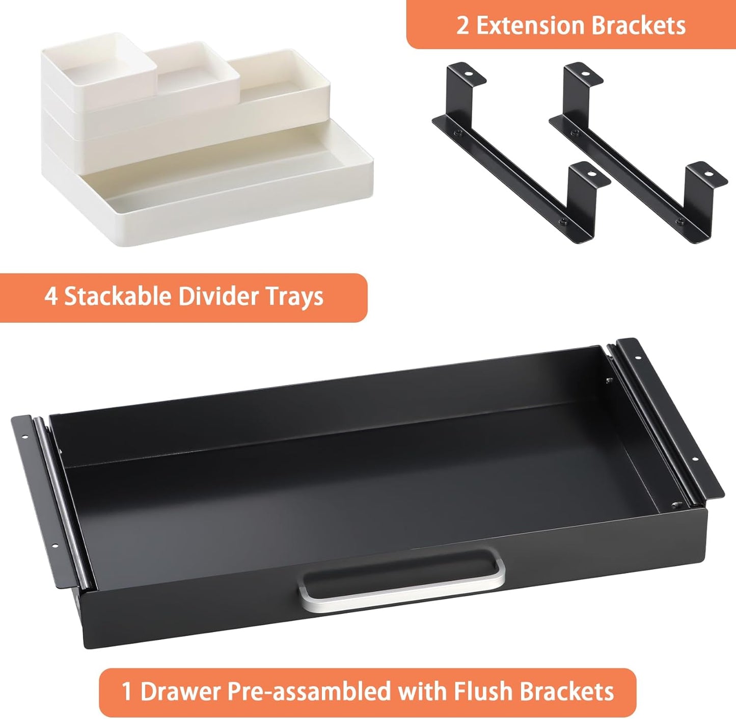 Under Desk Drawer Organizer 21" White Upgrade with Adjustable Brackets, Sliding Pull-Out Under Table Pencil Drawer, Office Standing Desk Attachment for Workbench