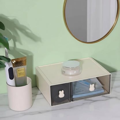 Desktop Storage Drawers, Plastic Desk Organizer with 3 Drawers, Modular Stackable Toolbox Units for Office Stationary, Makeup Container, Bathroom Countertop (1 Tall Layer, Cream & Clear)
